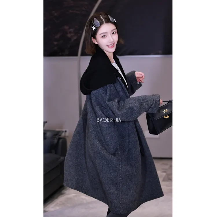 66-【赫敏跑】宝儿家含幂BS02325309XQ牦牛绒桑蚕丝羊毛连帽大衣