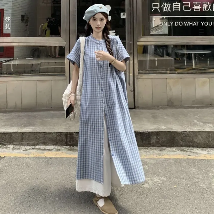 复古撞色格纹立领宽松百搭短袖衬衫裙+宽松休闲长裤套装