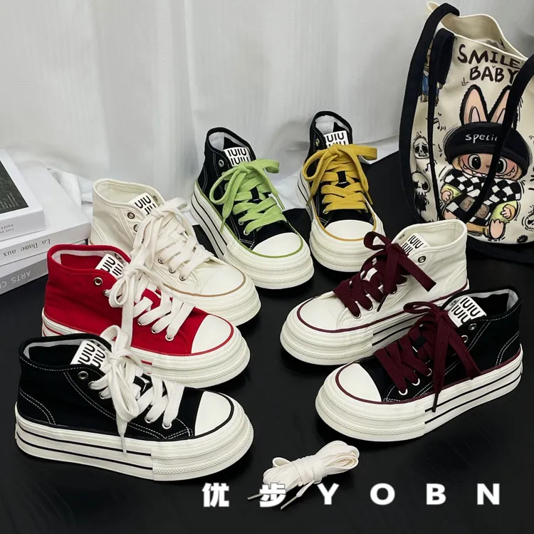 YOBN/优步圆头系带百搭高帮帆布鞋2025秋季ins厚底休闲板鞋H1519
