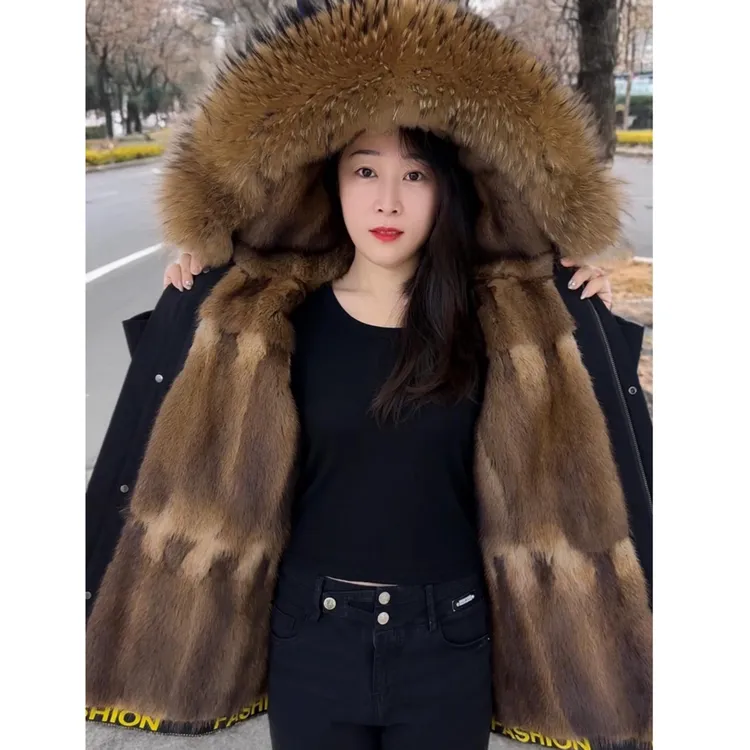 ｛升级加厚｝派克服男士貂内胆秋冬新款皮毛一体大衣中长款保暖外套
