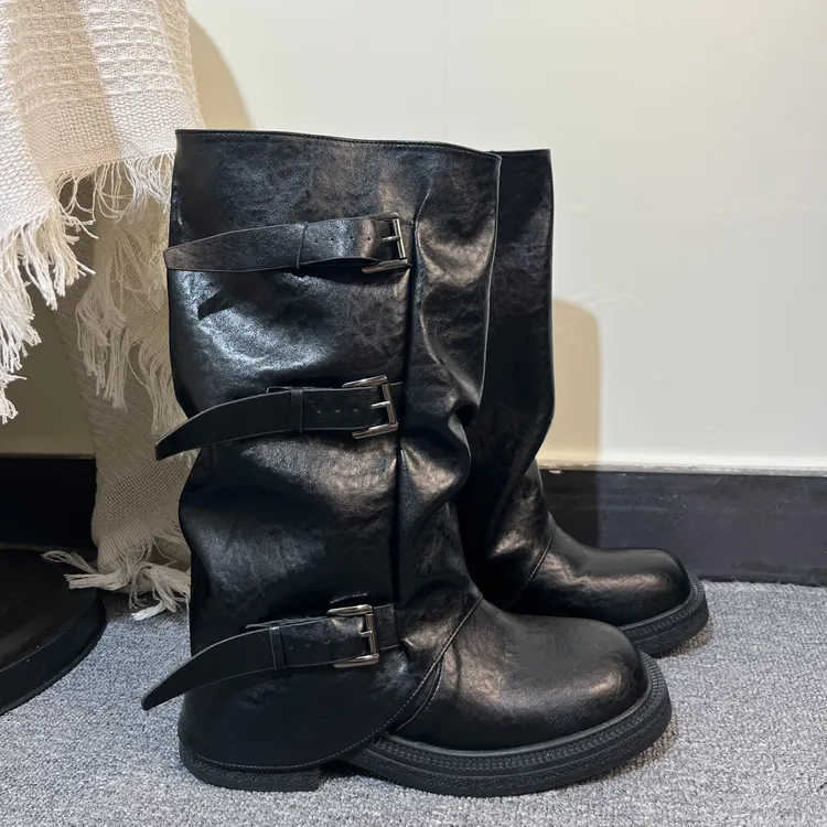 真皮时装靴2025年秋新款马丁靴复古粗跟中筒靴骑士靴堆堆靴百搭