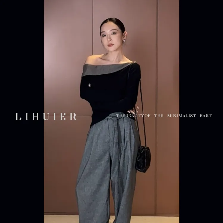 Li Hui Er 李慧儿【高街浪漫】轻奢性感一字领露肩针织衫上衣女1131