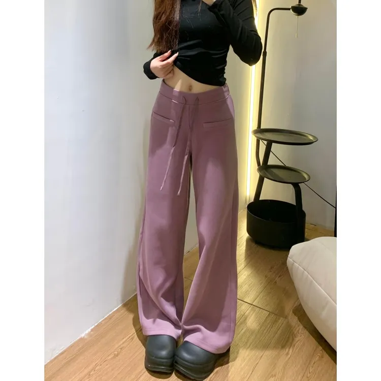 裤长112cm高个子加长紫色阔腿休闲裤女秋季新款高腰运动拖地卫裤
