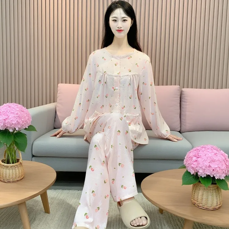 女士睡衣春秋云朵棉长袖家居服不带胸垫冬季大码薄款套装外穿Y171
