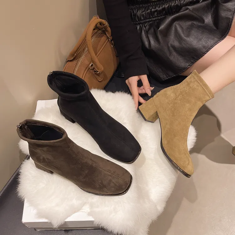 复古港风粗跟方头女韩版高跟短靴短筒秋冬春秋时尚百搭英伦风