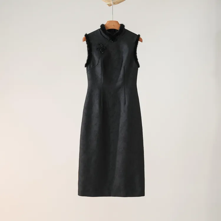 西子/【玉娇龙】新中式高级显瘦提花拼水貂无袖秋冬旗袍/QPHY0122