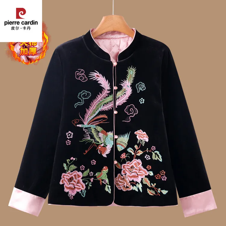 皮尔卡丹新中式夹棉丝绒棉服外套女秋冬装高端刺绣唐装保暖小棉袄