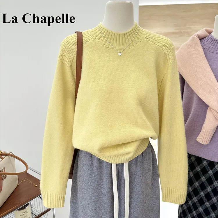 拉夏贝尔马鞍肩女洋气长袖宽松显瘦纯色半高领秋冬上衣针织衫毛衣
