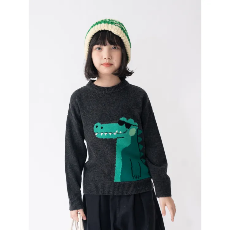 ‘鳄鱼’【100%羊毛】女童圆领鳄鱼卡通纯羊毛衫儿童毛衣厚款