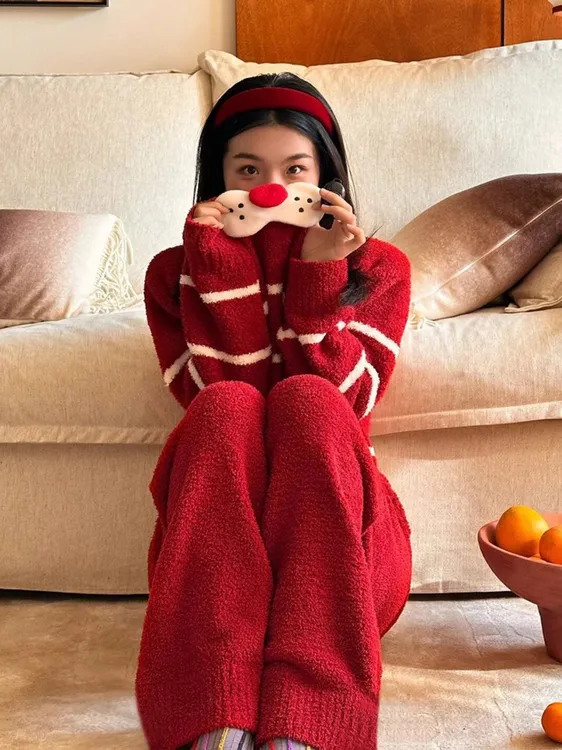 可外穿半边绒睡衣女加绒加厚冬季新年红色卡通条纹家居服大码套装
