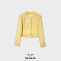 GUIDI GUDI【感性结构】气质小香风绵羊毛休闲外套/黄加蓝 