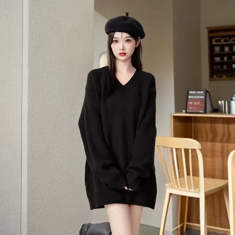 中长款毛衣纯色秋冬新款宽松时尚洋气打底遮屁股慵懒风针织连衣裙