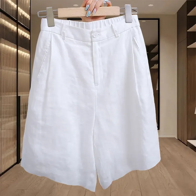 大码白色短裤女2025夏季新款胖mm宽松显瘦高腰亚麻薄款直筒五分裤