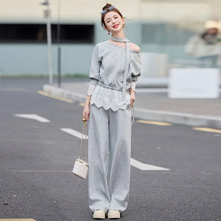 时尚套装2025春秋洋气蕾丝拼接领带卫衣休闲长裤两件套YF2秋季
