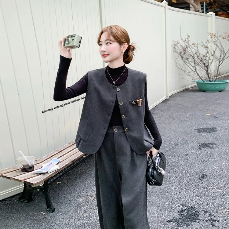 韩系风灰色马甲阔腿裤套装2025春秋新款复古轻奢老钱风气质两件套