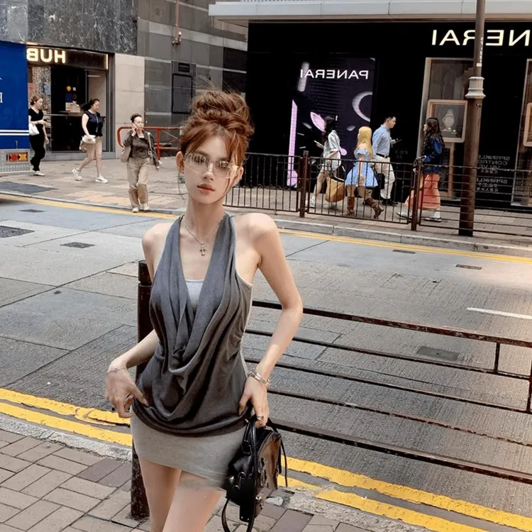 美式荡领假两件挂脖连衣裙女夏季纯欲性感辣妹修身显瘦包臀短裙子