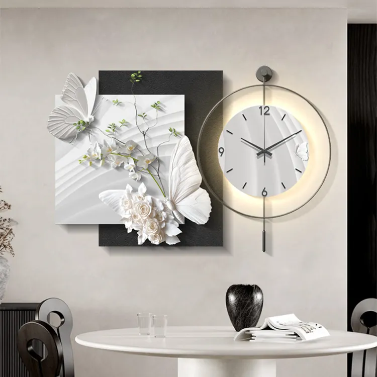 2025新款餐厅装饰画轻奢高级感饭厅餐桌背景墙钟表挂钟黑白灰挂画
