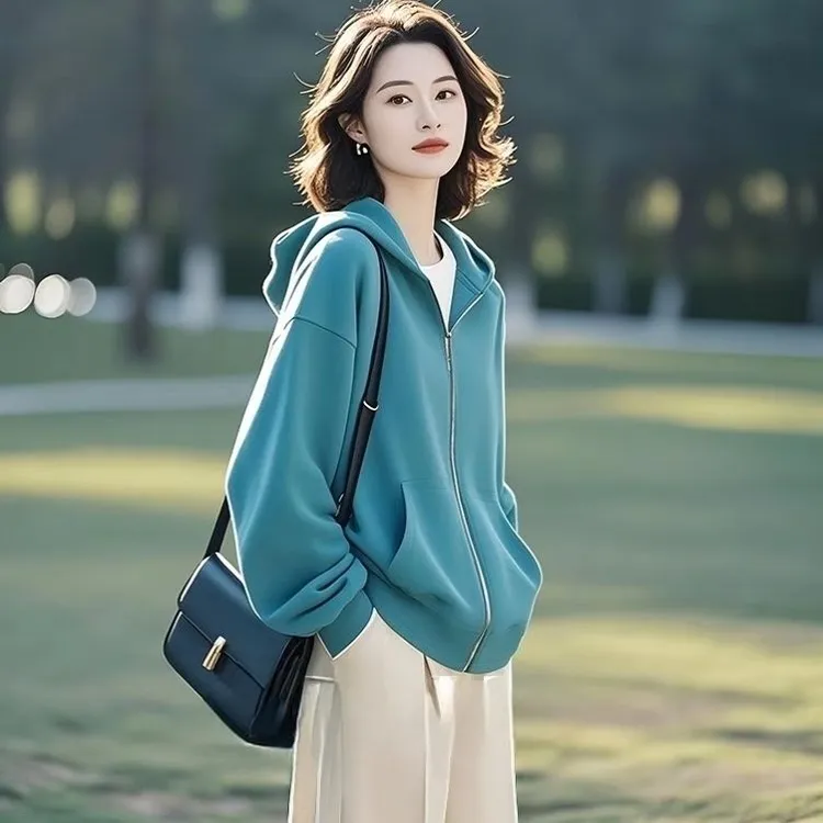2025超火春装超好看独特漂亮韩式慵懒chic百搭蓝色连帽卫衣外套女