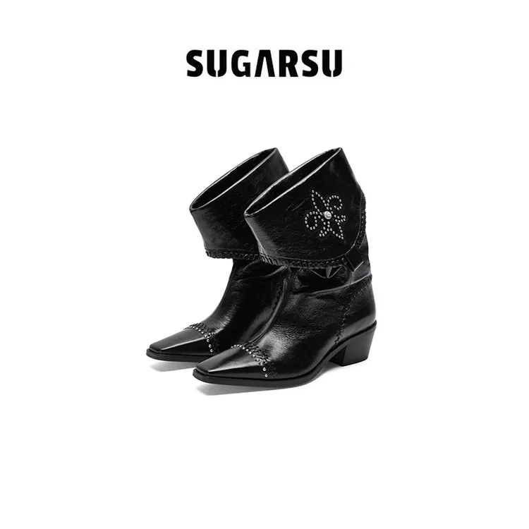 李兰迪同款|SugarSu酥履25年秋新款游牧风尖头高跟西部粗跟靴子女