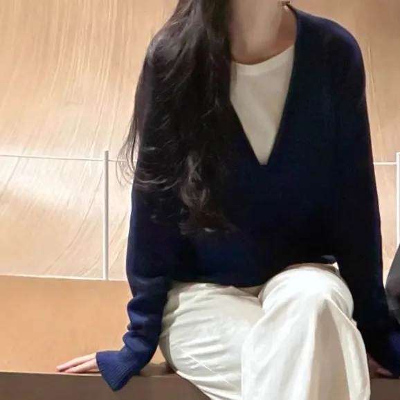 春秋2025新款感慵懒风长袖法式上衣假两件设计感毛衣针织衫女