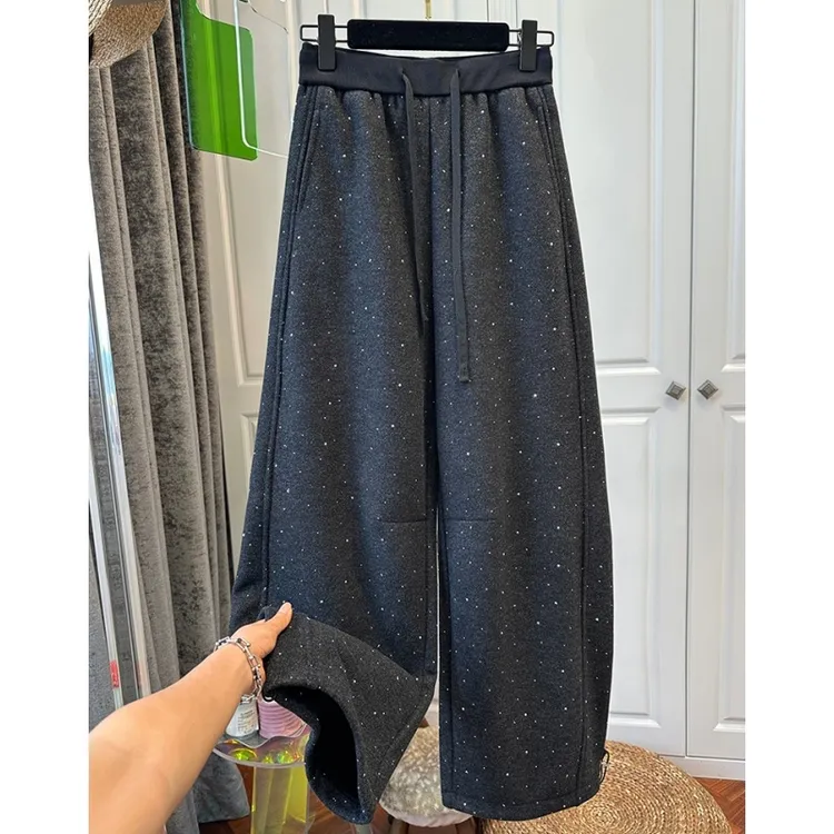 重工烫钻拼接抽绳松紧腰卫裤女弯刀裤加绒加厚宽松2025秋冬款新款