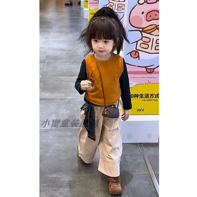 女童韩系叠穿春秋季套装2025新款儿童宝宝洋气时髦背心长袖阔腿裤