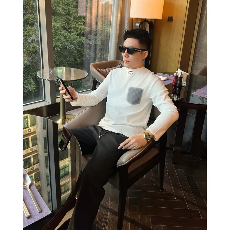 【口袋提花打底】痞帅男装秋冬莫代尔弹力撞色打底衫男士长袖T恤