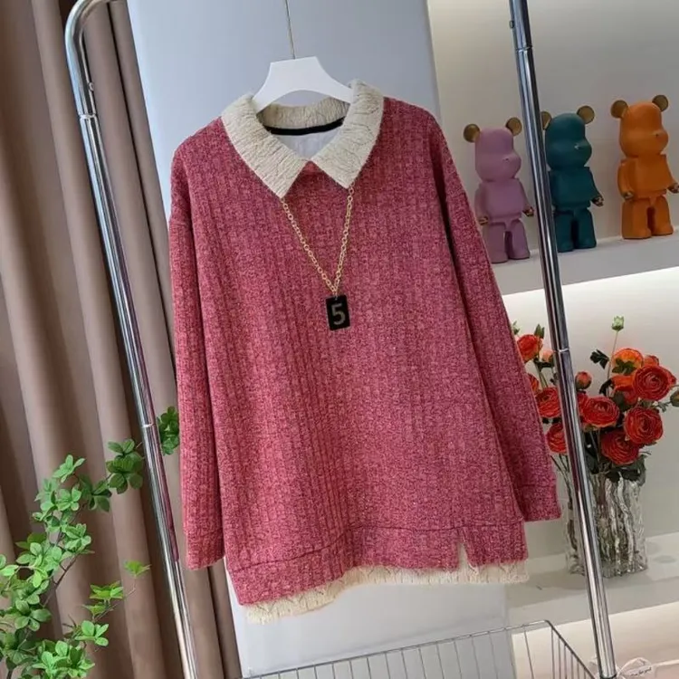 娃娃领加绒加厚中长款打底衫卫衣2025新款宽松显瘦休闲长袖上衣