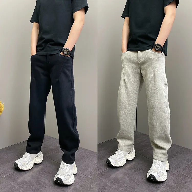 2025秋冬加绒纯色松紧腰运动裤男士卫裤潮流美式拼接弯刀休闲裤男