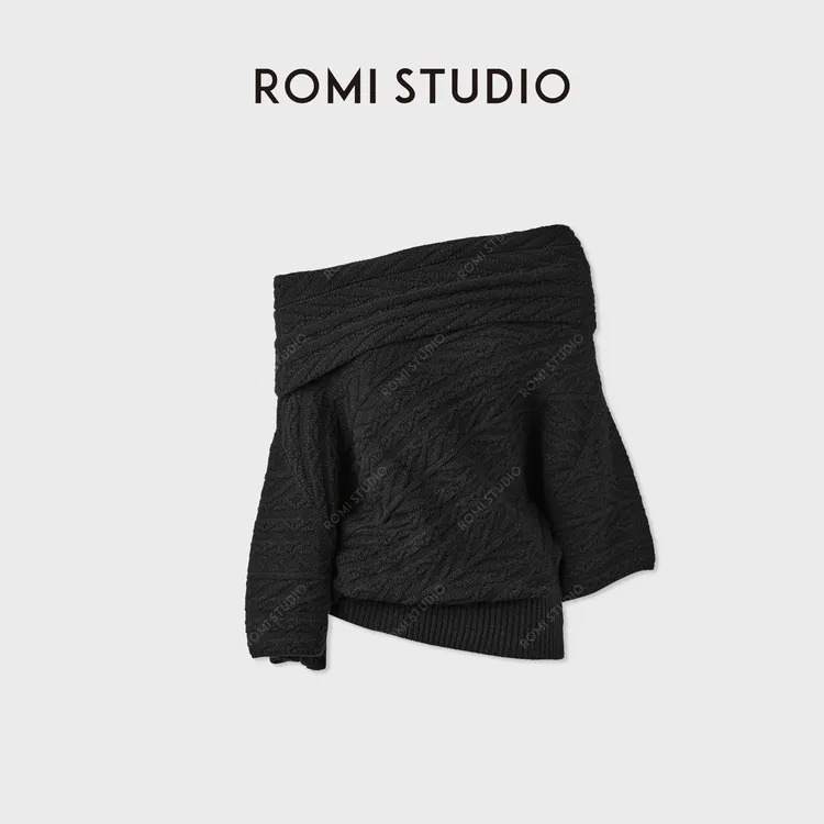 ROMI STUDIO“秘语”羊驼羊毛一字荡领毛织麻花气质上衣RWCAST4746