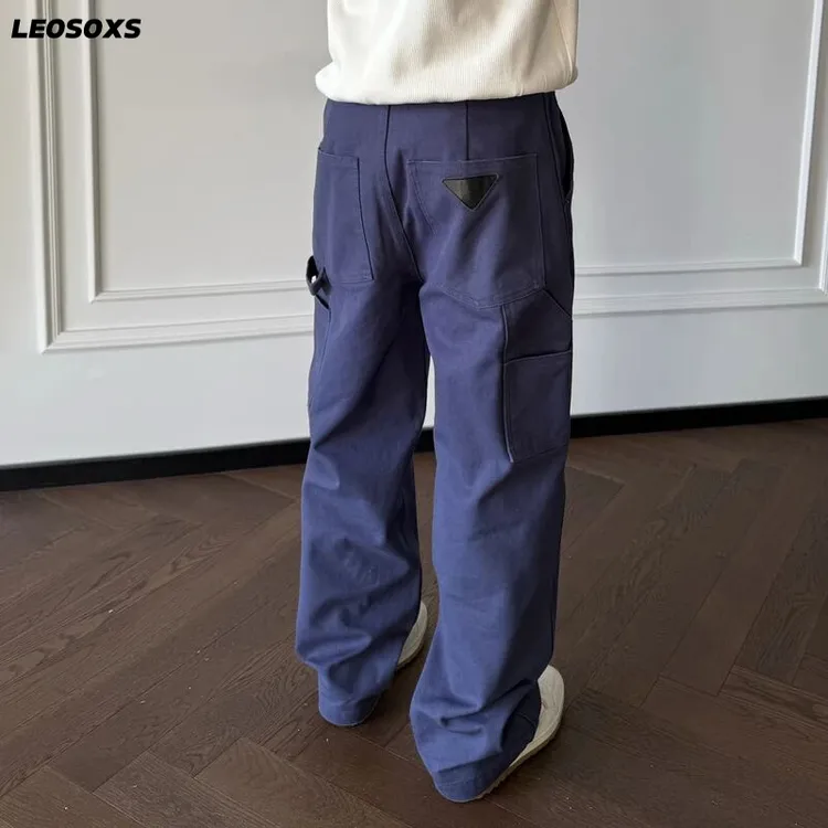 Leosoxs16盎司珠地帆布棉三本针高色牢度重磅法工蓝春秋运动长裤
