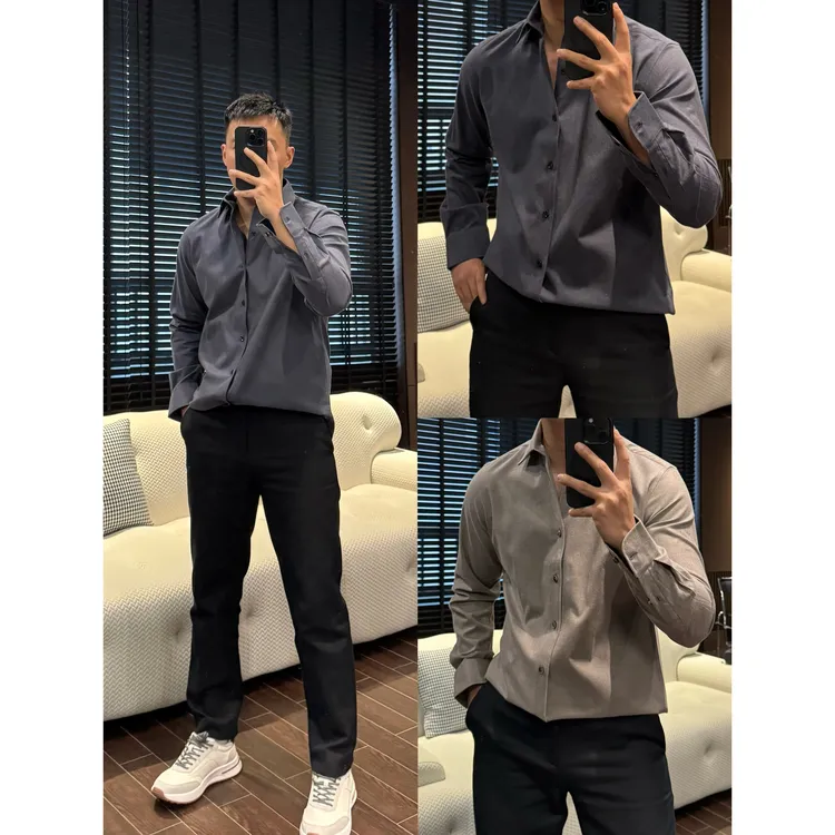 【100%绵/一片领长袖衬衣】秋冬男士植绒磨毛简约百搭时尚衬衣+2457