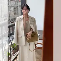 于momo【高阶大簰西装套装】时髦外套&显瘦背心裙套装女 QD233035