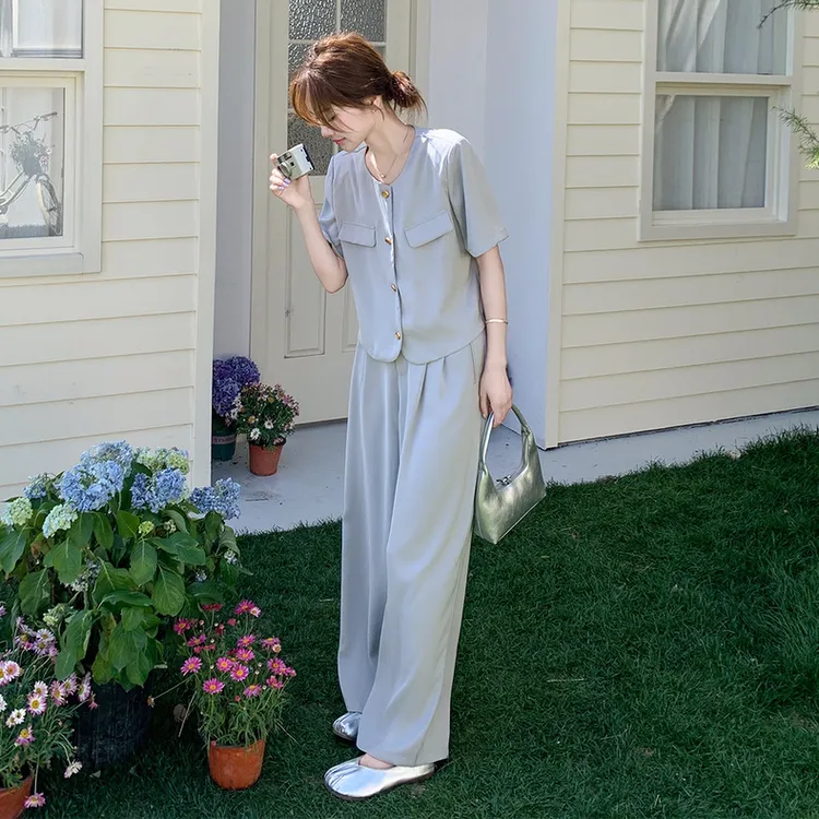 短袖西装套装夏季薄款2025新款法式休闲风轻职风垂感阔腿裤两件套