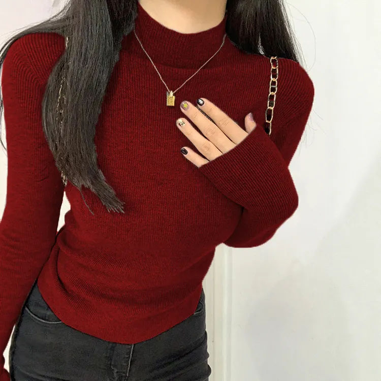 安哥拉红半高领羊毛针织打底衫女2025秋冬新款韩系中领气质毛衣