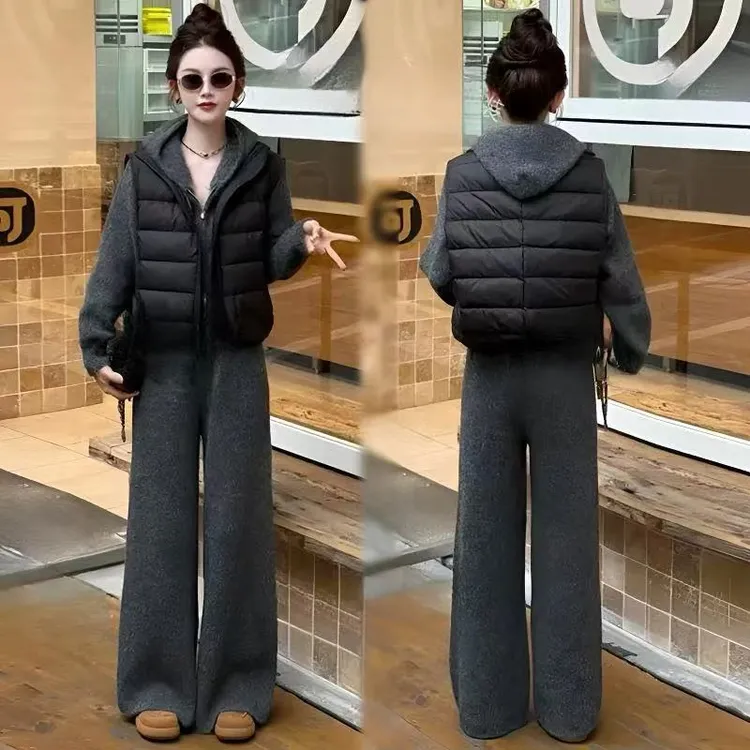时尚休闲套装女士秋冬新款洋气连帽针织外套阔腿裤马甲减龄三件套