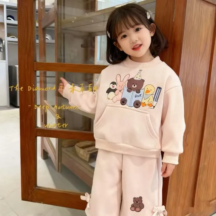 [加绒加厚]女童冬装新款韩系卡通保暖卫衣直筒裤时尚可爱甜美套装