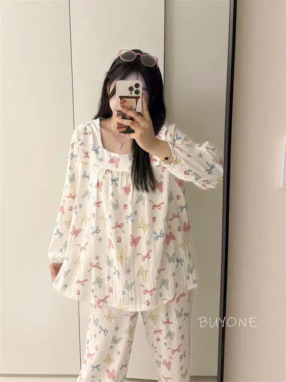 【星星蝴蝶】大码睡衣女胖MM200斤长袖长裤云朵棉多巴胺蝴蝶甜美