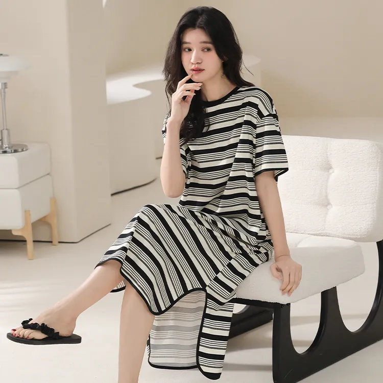 女士睡裙夏季拉架棉圆领短袖中长款条纹休闲简约可外穿家居服睡裙