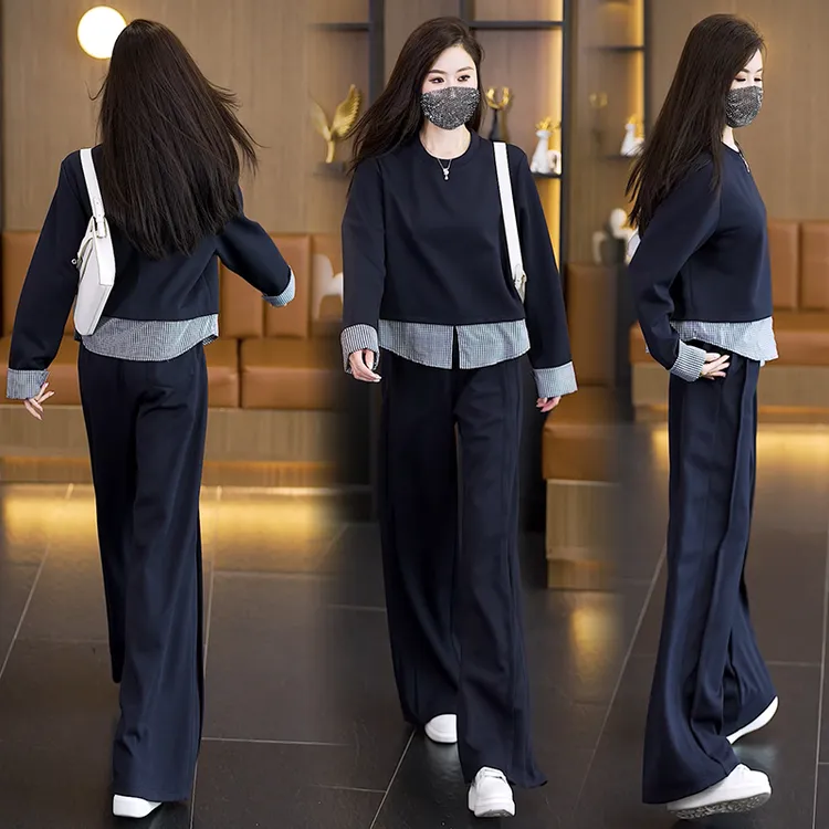 大码女装2025秋装新款休闲运动套装减龄显瘦假两件卫衣长裤两件套