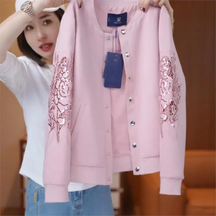 韩版粉色减龄刺绣亮片棒球服春秋爆款女装短外套百搭宽松开衫上衣