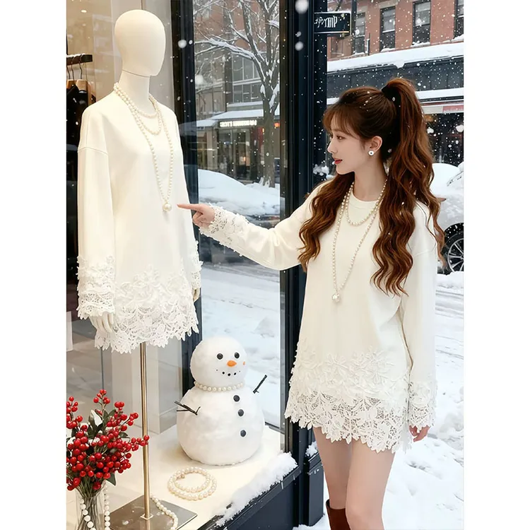 白色蕾丝拼接中长款t恤女2025秋冬新款内搭打底加绒保暖减龄上衣