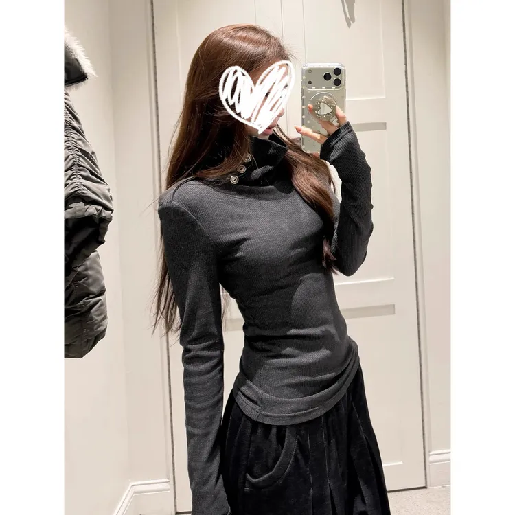 梦优莱春秋冬潮牌韩系高领内搭长袖T恤女装纯欲显瘦打底小衫上衣