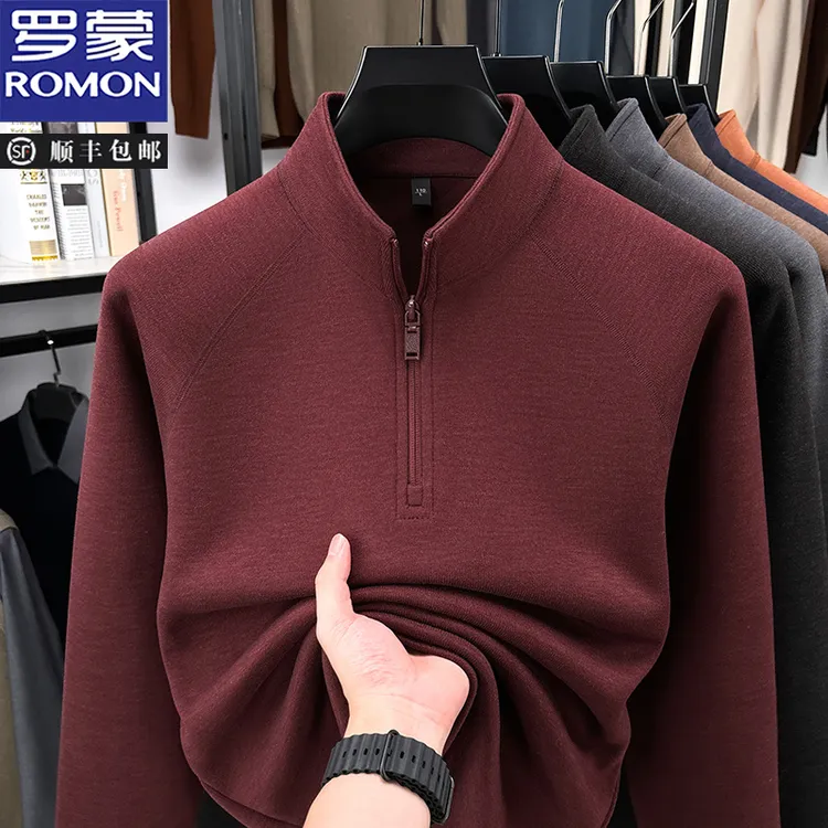 罗蒙加绒加厚卫衣男秋冬中年男士长袖t恤半拉链立领打底衫