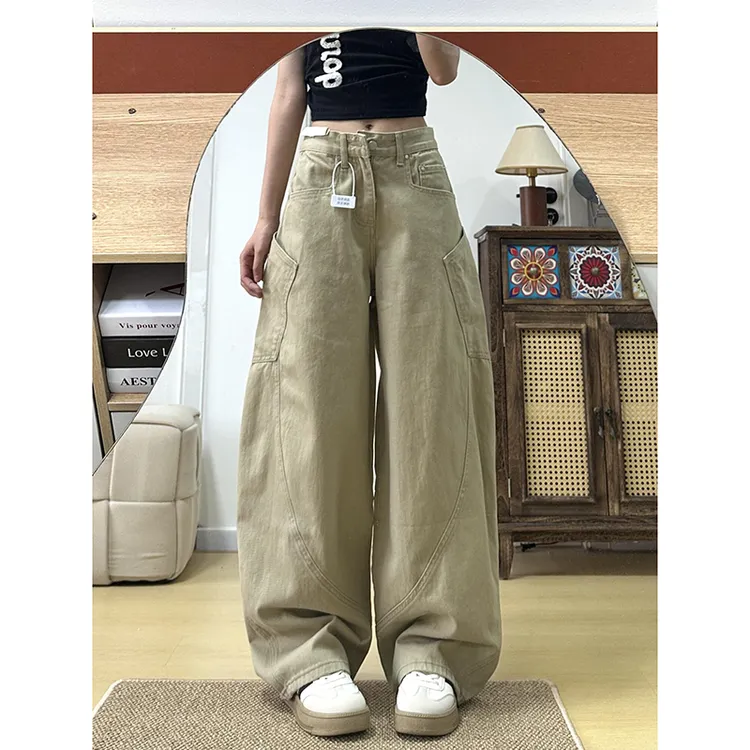 美式复古卡其色工装弯刀牛仔裤女秋季高腰宽松阔腿梧桐镰刀长裤子
