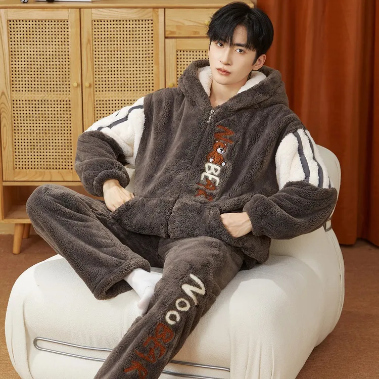 冬季珊瑚绒男士睡衣加厚连帽拉链款保暖法兰绒学生大码家居服套装