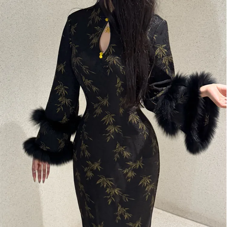 LHMknk1画报夫人原创自制显瘦烫金竹叶狐狸毛秋季旗袍  狐狸金竹