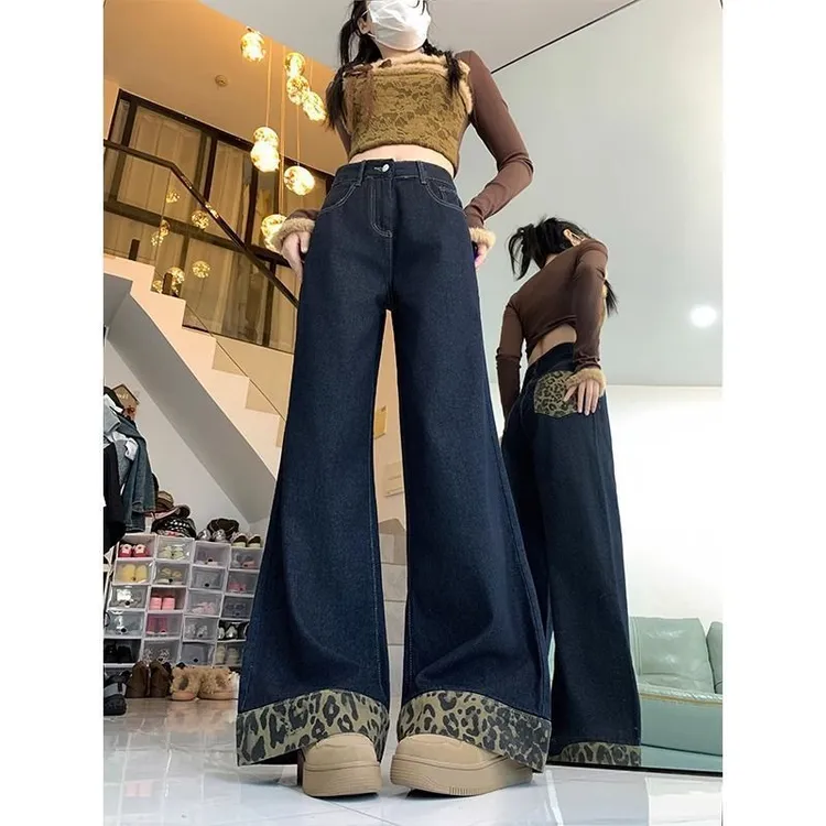 复古女春秋时尚低腰垂坠感阔腿裤阔腿裤牛仔裤长裤114