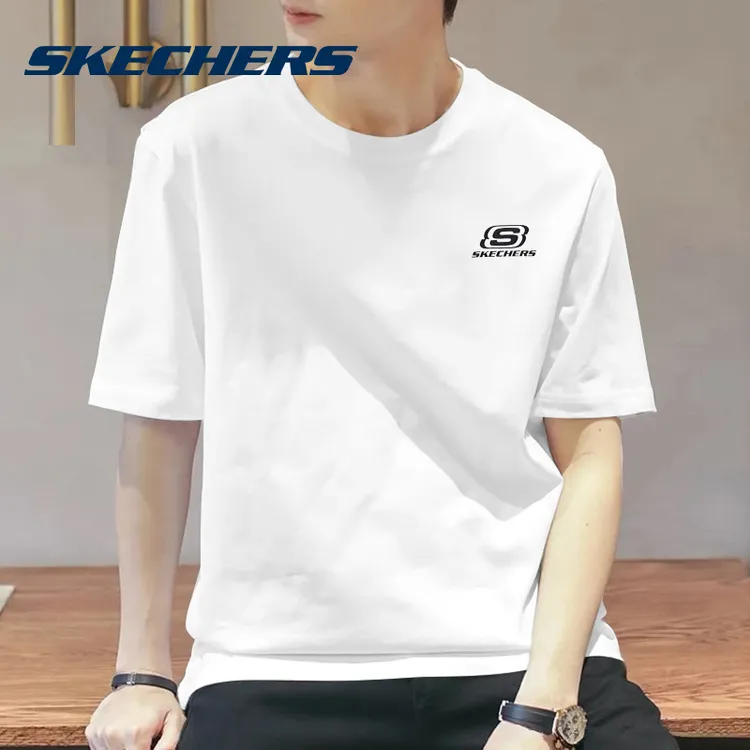 ‌斯凯奇官方正品圆领纯棉短袖T恤夏季男透气吸汗健身白色跑步服‌‌