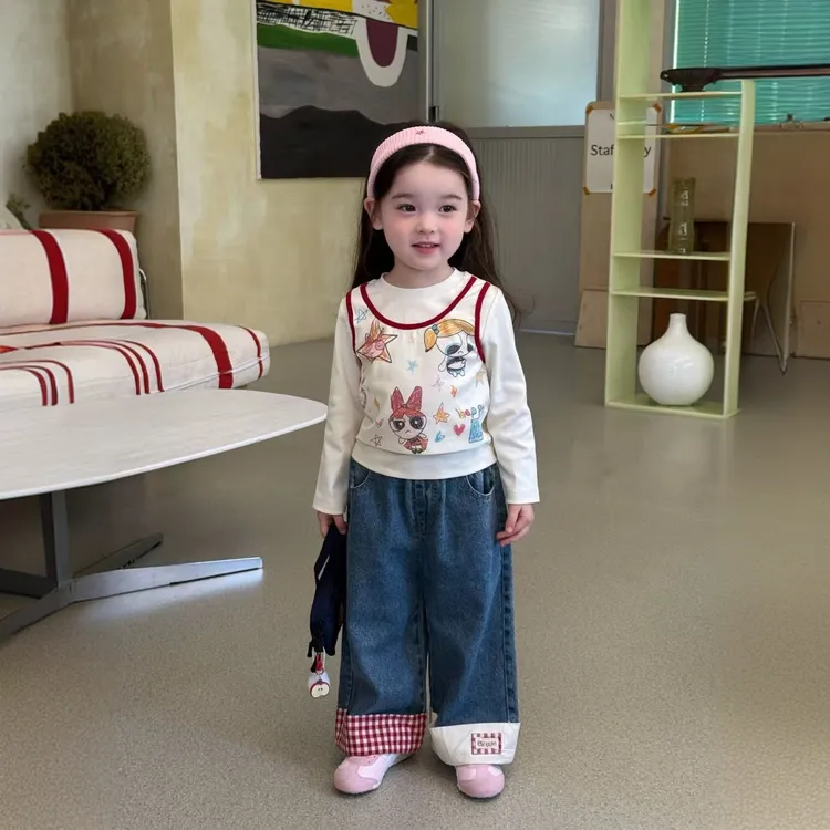 女童套装春秋季2025新款儿童宝宝韩系可爱假两件长袖格子牛仔裤子